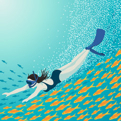 Girl is going snorkeling underwater - obrazy, fototapety, plakaty