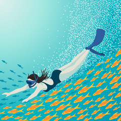 Girl is going snorkeling underwater