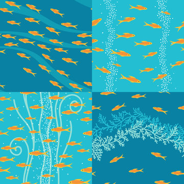 Four patterns with stylized fishes in water