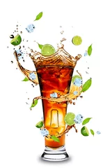 Wall murals Splashing water Fresh cola drink with limes. Isolated on white background