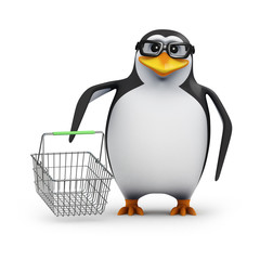 3d Penguin in glasses goes shopping