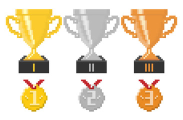 Coupes et médailles du trophée Pixel. Illustration vectorielle.