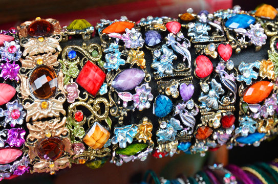 Row of colorful bracelets on jewelry market in Jerusalem