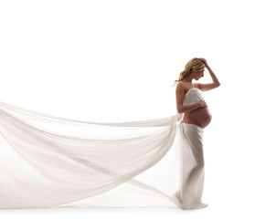 Fototapeta na wymiar Młodych blond kobieta w ciąży białe ubrania panny młodej