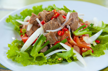 Spicy salad with pork and green herb in Thai style