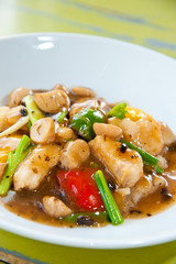 Stir-fried fish with colorful vegetables, mushroom and herb