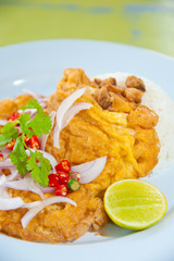 Hot rice with omelet, pork, green herbs and chili sauce