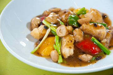 Stir-fried fish with colorful vegetables, mushroom and herb