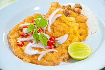 Hot rice with omelet, pork, green herbs and chili sauce