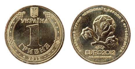 Euro 2012. Ukrainian coins 1 grivna on the white background (201