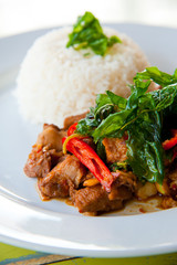 delicious hot rice with fried pork, vegetable and green herbs