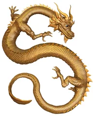 Zelfklevend Fotobehang Draken Gelukkige Chinese Draak met gouden metalen schalen