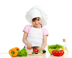 Chef girl preparing healthy food over white background