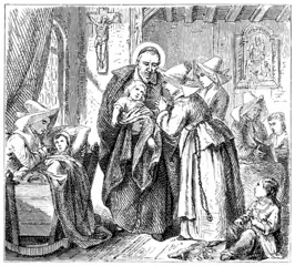 Depicts St. Vincent de Paul and the Daughters of Charity