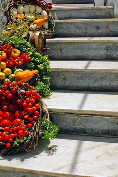 Food Baskets on steps in Santorini island, Grecee