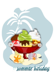 Eis, Eisbecher mit Palme und Muscheln