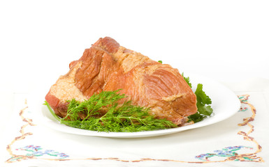 Tasty smoked meat on white background