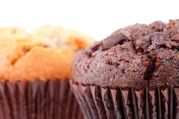 Close up of chocolate muffin and a regular muffin