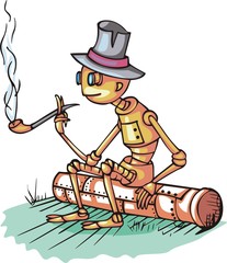 Robot sits on pipe and smokes. Cartoon