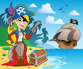Fotobehang Piraten Piratenmeisje aan de kust 2