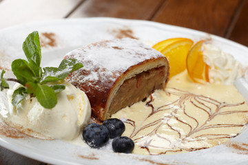 apple strudel with vanilla ice cream