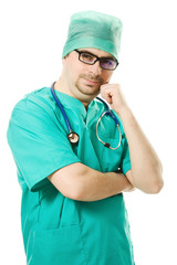man thinks the surgeon with a stethoscope