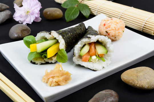 Temaki - Japanese sushi. Salmon & Cucumber / Pepper & Pea Shoot