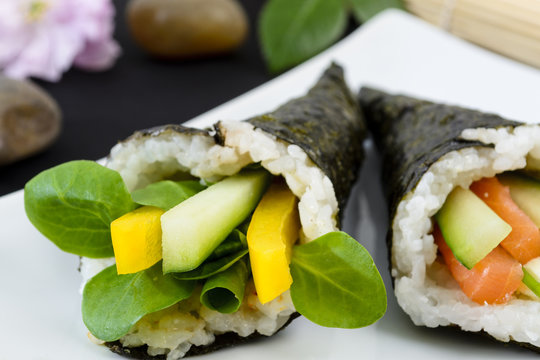 Temaki - Japanese sushi. Pepper & Pea Shoot / Salmon & Cucumber