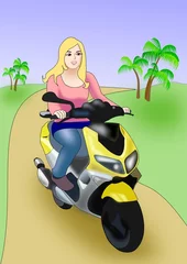 Foto op Plexiglas Blond girl driving on a yellow scooter. © unnibente