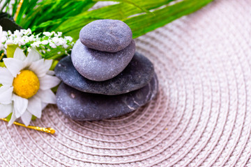 Fototapeta na wymiar spa stones and flowers representing wellness/beauty care