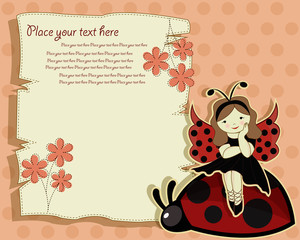 Vector greeting card with a beautiful girl and ladybird