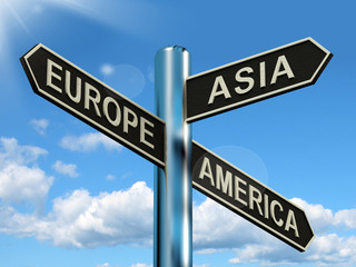Europe Asia America Signpost Showing Continents For Travel Or To