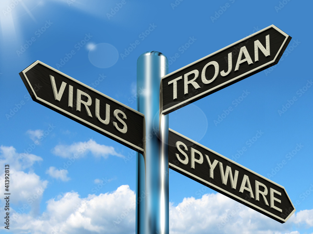 Poster virus trojan spyware signpost showing internet or computer threa