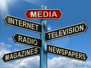 Media Signpost Showing Internet Television Newspapers Magazines - obrazy, fototapety, plakaty