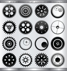 Vector gear and cogwheel set isolated on silver background