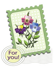 Postage stamp with pansies, vector.