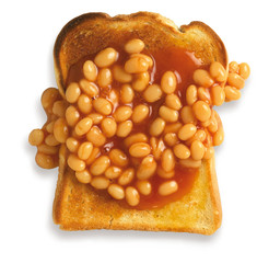 overhead view of beans on toast isolated on a white background w