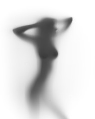 Sexy busty woman stands behind a curtain, silhouette