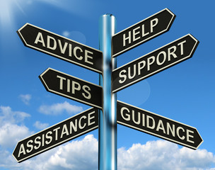 Advice Help Support And Tips Signpost Showing Information And Gu - obrazy, fototapety, plakaty
