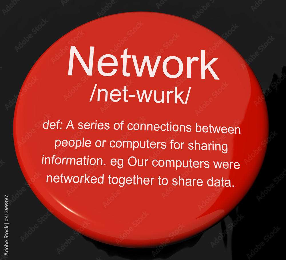 Poster network definition button showing system of computers or people