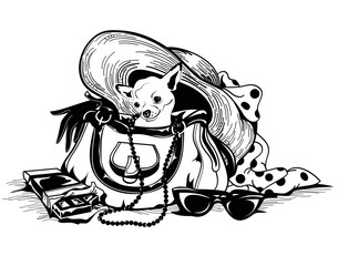 Dog in lady’s bag, black and white drawing.