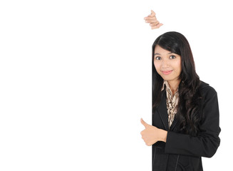 businesswoman showing blank signboard with thumb up