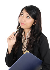 businesswoman think with a pen and a book