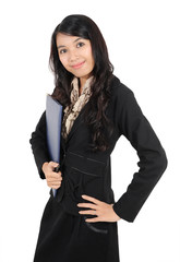 pose of a businesswoman who was holding the folder