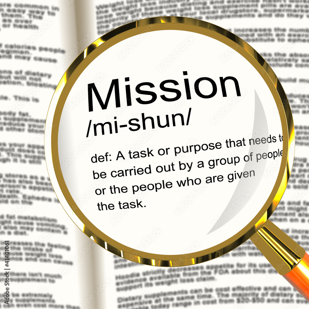 Aufkleber mission definition magnifier showing task goal or assignment to