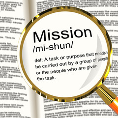 Mission Definition Magnifier Showing Task Goal Or Assignment To - obrazy, fototapety, plakaty
