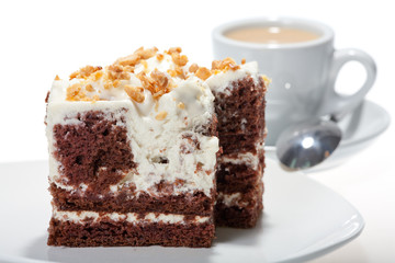 Piece of chocolate cake with icing on white