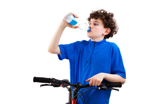 Cyclist Drinking Water Isolated On White Background