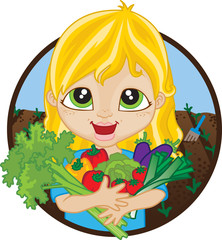 Happy girl holding home grown vegetables