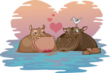 Two Hippos in Love with their baby hippo in a river